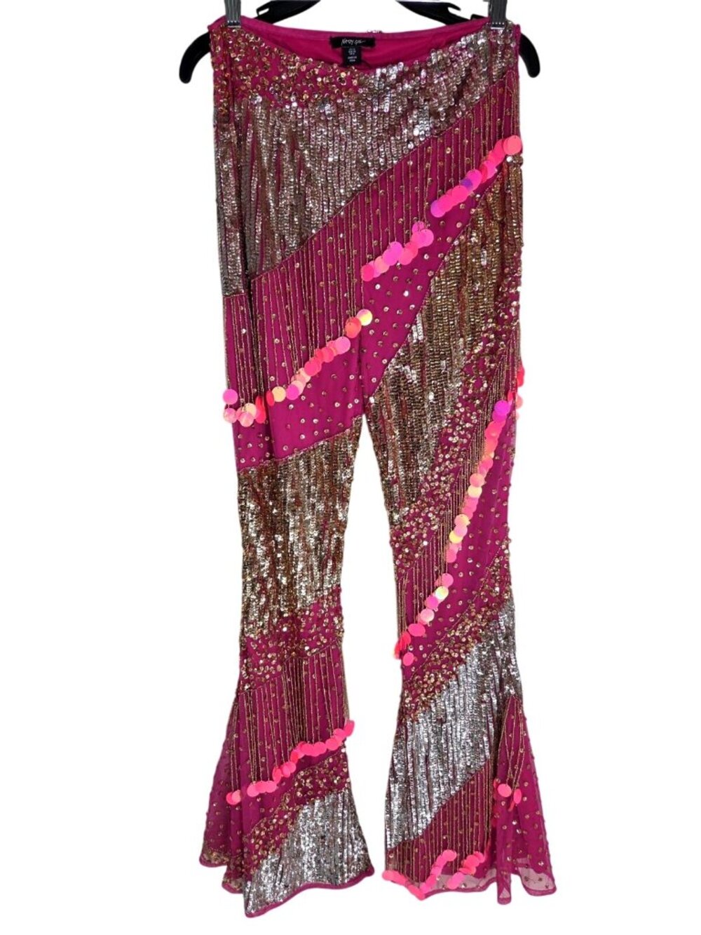 Nasty Gal Beaded Sequin Flared Pink Hippie Boho Rave Festival Pants Sz 6 Y2K